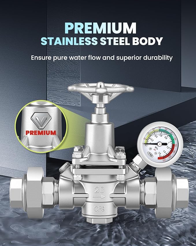 Water Pressure Reducing Valve 3/4 NPT Female Union, Stainless Steel, Pressure Gauge, Handwheel Adjustment