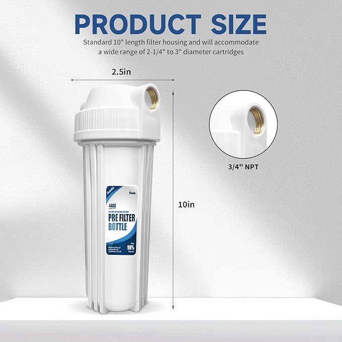 Whole House Water Filter Housing, Fit 10"x2.5" Sediment etc Filters for Well and City Water, Pre-Filtration System for Home, 3/4" Brass Port, Heavy Duty Steel Bracket, 4 Screws, Wrench, 1 Pp Cotton
