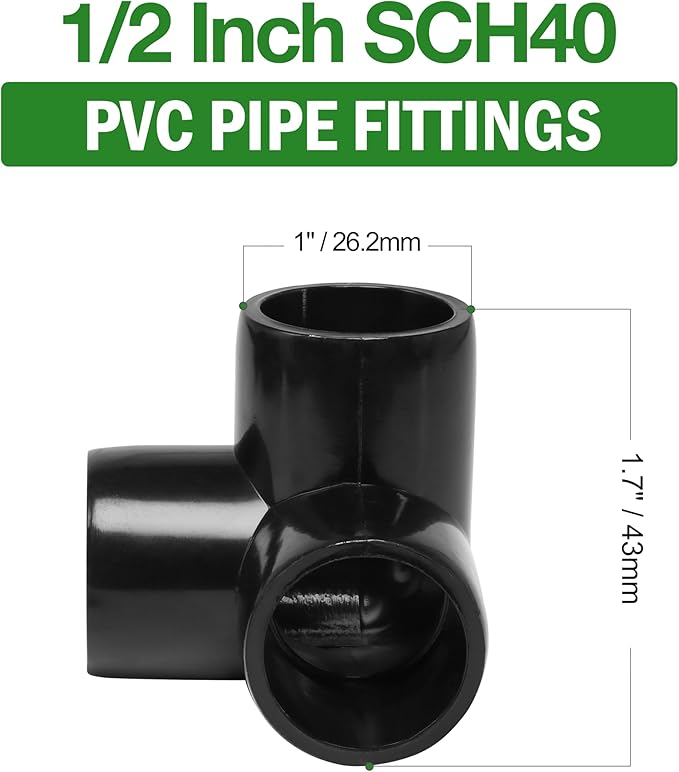 3 Way PVC Pipe Fittings 1/2 Inch, Zernmiarder Black PVC Elbow Corner Side Outlet Tee Fitting, SCH40 Furniture Grade Pipe Connectors - Fits 1/2" Polyvinyl Chloride Pipes, 12 Pieces
