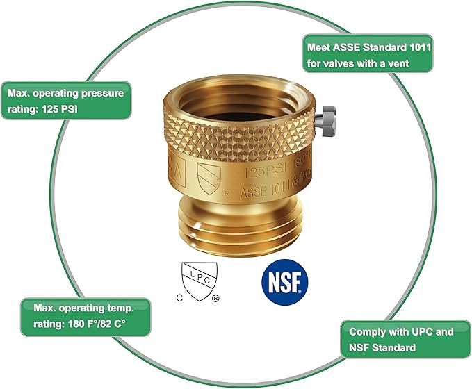 3 Pack SUNROAD Lead-Free Brass 3/4" Inch MHT Hose Bibb Connector Backflow Preventer Vacuum Breaker,Check Valve For Garden Spigot RV Hose Connection,Anti-Siphon Fitting with extra set screws