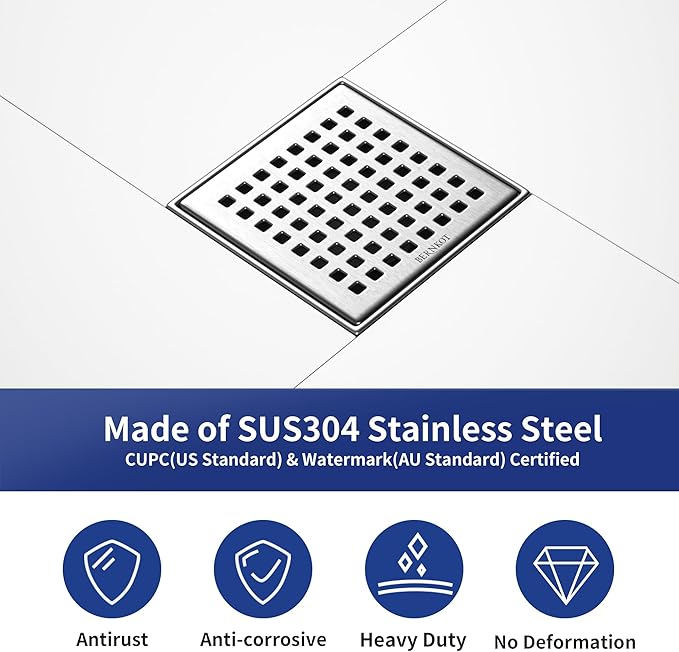 Square Shower Drain 4", 304 Stainless Steel Floor Drain with Grid Drain Cover & Hair Strainer, Retrofit Shower Drain w/CUPC Certified, Brushed