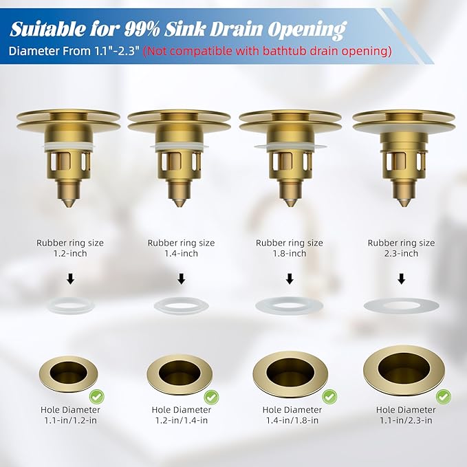 Hibbent 2 Pack All Metal Bathroom Sink Stopper, Universal Pop Up Drain Strainer, Brass Bullet Core Push Type Sink Stopper for 1.1''~2.3'' Basin, Big Push Button, Anti Clogging Filter, Brushed Gold