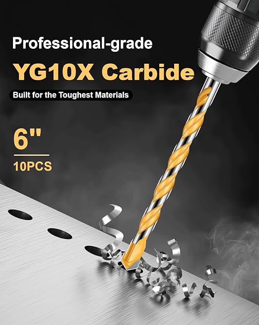 10PCS 6-Inch Masonry Drill Bit Set, YG10X Carbide Concrete Drill Bits, Shockproof Hex Shank for Tile/Brick/Cement/Glass, 5/32"-1/2", Heavy-Duty