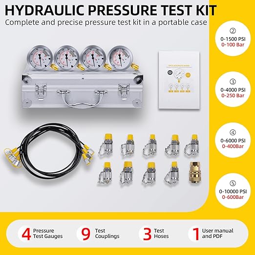 Hydraulic Pressure Test Kit with 4 Gauges (Max 10,000 PSI), 10 Test Couplings, 3 Test Hoses, Hydraulic Gauge Tester Set for Excavators, Construction Machinery, and Mining.