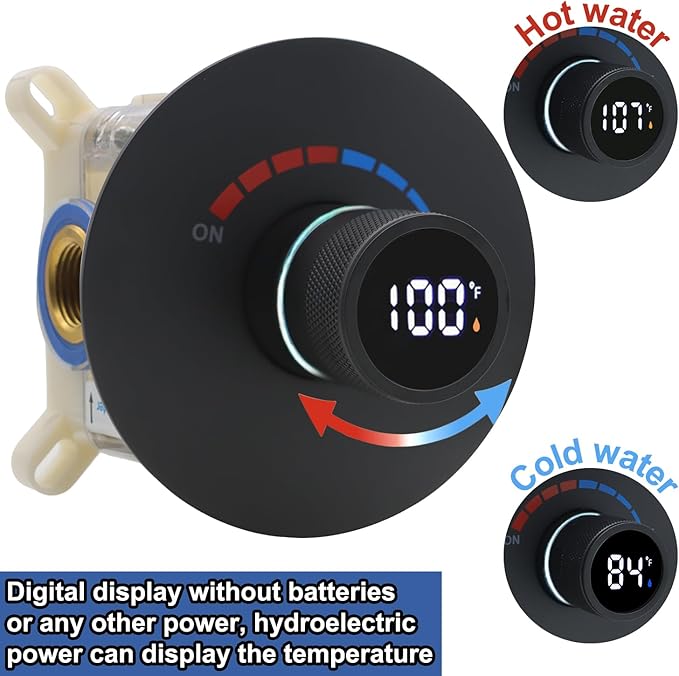 Round Digital Display Shower Valve Shower Diverter Single Way Shower Mixing Valve Concealed Installation in Wall for Bathroom Matte Black