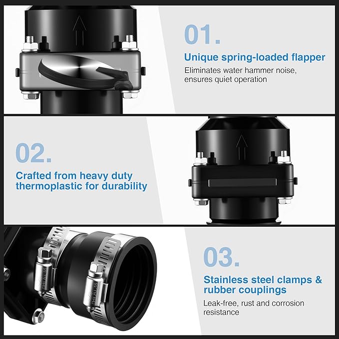 Tellingyou Sump Pump Check Valve Fits 1-1/2 inch or 1-1/4 inch Pipe, Slip On Check Valve with 4 Pcs Stainless Steel Hose Clamps, PVC Flapper Sump Pump Valve Sump Pump Life Expectancy Increase
