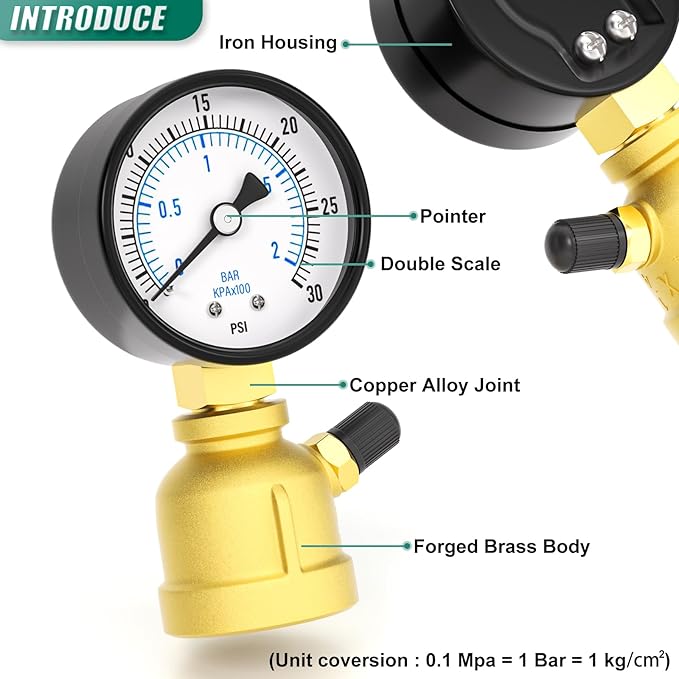 0-30PSI Air Test Pressure gauges, 2" Double Graduated Dial, 3/4" FNPT Forged Brass Bell Shape Body Assembly, 1/8" NPT Air Bleeding Valve, for Pressure Testing on Home Gas Line