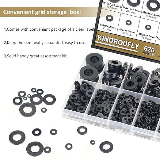 620 Pieces Nylon Flat Washers, Kindroufly 8 Sizes Plastic Washers, Black Nylon Washers Assortment Kit (M2 M2.5 M3 M4 M5 M6 M8 M10)