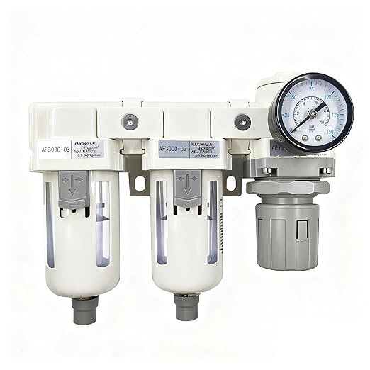 XingNEeng 3/8" NPT Compressed Air Filter Regulator Lubricator (FRL) Unit, Double Water/Oil Trap Separator, Gauge(0-150 psi), Semi-Auto Drain Air Compressor Water Separator, Poly Bowl, Metal Bracket