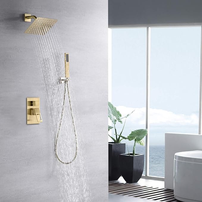 sumerain Rain Shower System Brushed Brass Dual Functions Shower Faucet Complete Set Including 8" Shower Head, Rough-In Valve Body and Trim