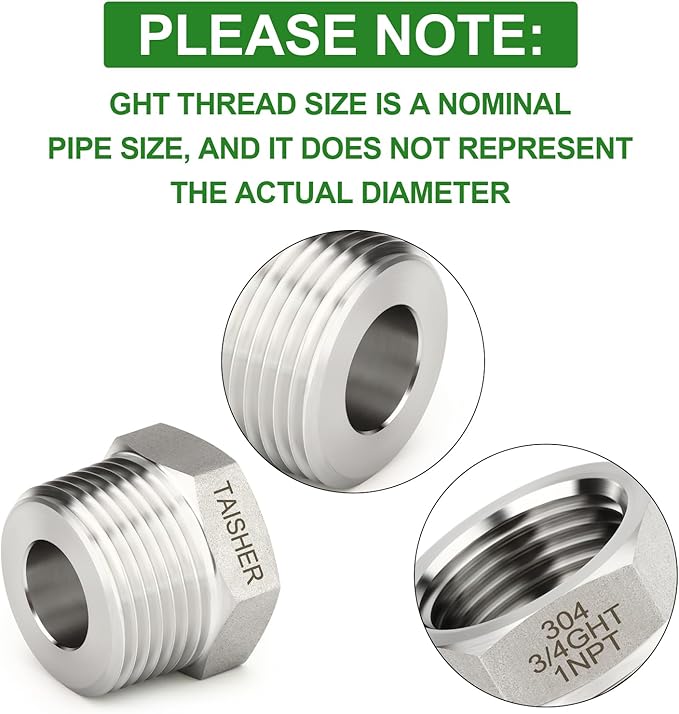 TAISHER 1PCS 304 Stainless Steel Garden Hose Adapter, Hex Bushing 3/4" GHT Female x 1" NPT Male Garden Hose Connector