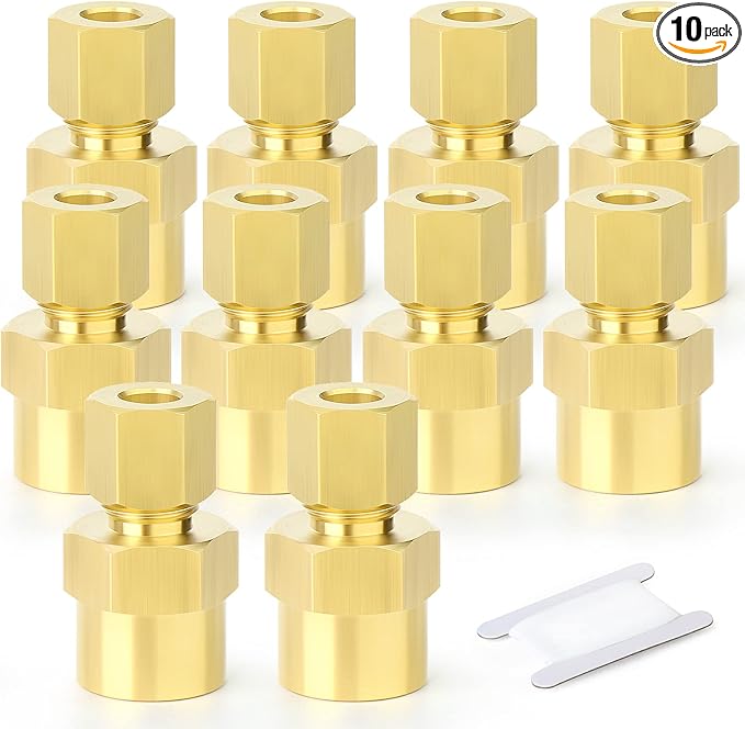GASHER 10PCS Brass Compression Tube Pipe Fitting Connector, 1/4" Tube OD x 1/4" NPT Female Connector