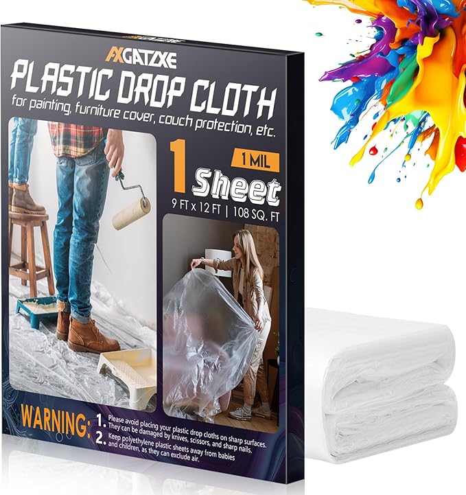 12 x 9 Ft Plastic Drop Cloths-1 Mil(1-Pack - Disposable Painter's Sheeting & Tarps for Painting, Waterproof Furniture/Couch/Floor Protection