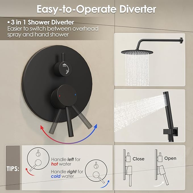 Gabrylly Black Shower Faucet Set, Wall Mounted System with Shower Valve, High Pressure 10" Rain Shower head with Handheld Spray Combo, 2 Way Rainfall Shower Fixtures, Matte Black