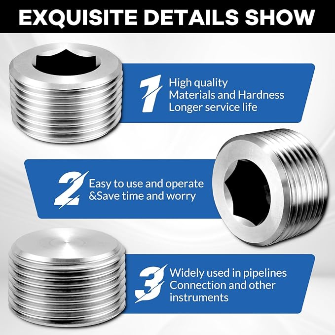Stainless Steel Internal Hex Countersunk Male Thread Pipe Plug Connector, 3/4" NPT Male (pack of 5)