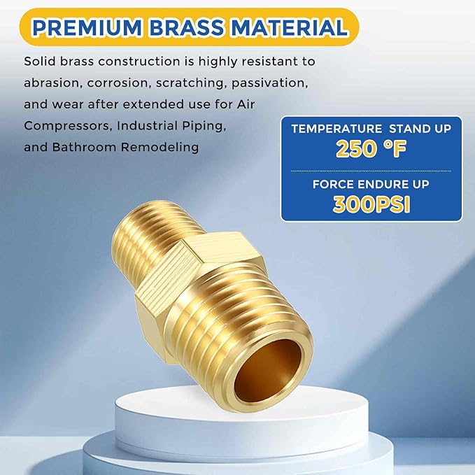 1 Pack Brass Pipe Fittings, 1/4" Male NPT to 1/8" Male NPT Brass Hex Nipple, Male Pipe Adapter Reducer for Air, Oil, LP