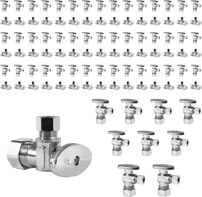 100-Pack Foskan Compression Angle Stop Valve,1/4 Turn Shut Off Valve 1/2" NOM (5/8" OD) x 3/8" OD,Chrome Plated Brass