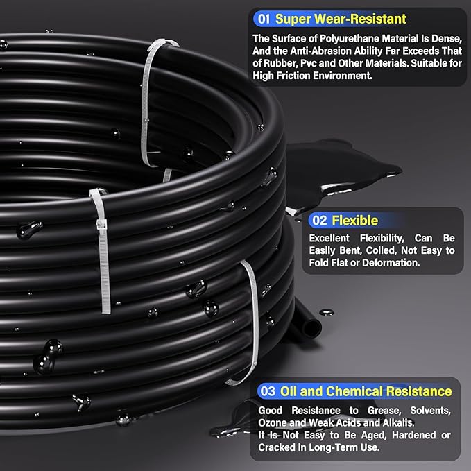 TAILONZ PNEUMATIC Black 1/4''OD 3/8''OD 10 Meter 32.8ft PU Polyurethane Air Tubing Kit Pipe Hose Air Line Tubing Air Hose Fittings Push to Connect Fittings(68PCS)