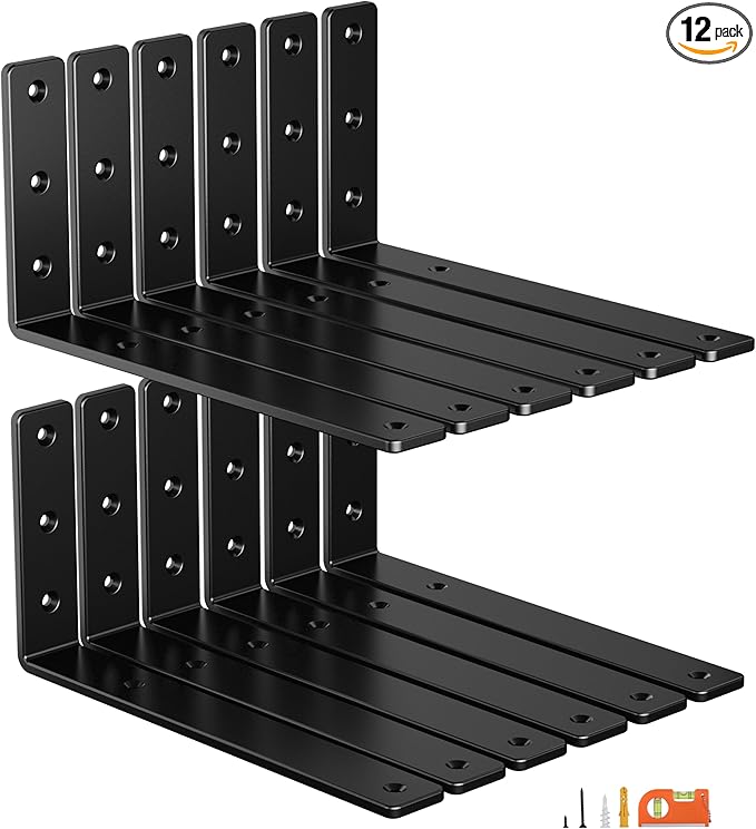 12-Pack 12 Inch Heavy Duty Shelf Brackets, Premium Floating L Bracket for Wall, Kitchen, Mantel Shelves Support | Quarter Inch (1/4") Thick | Black Powder Coated Steel