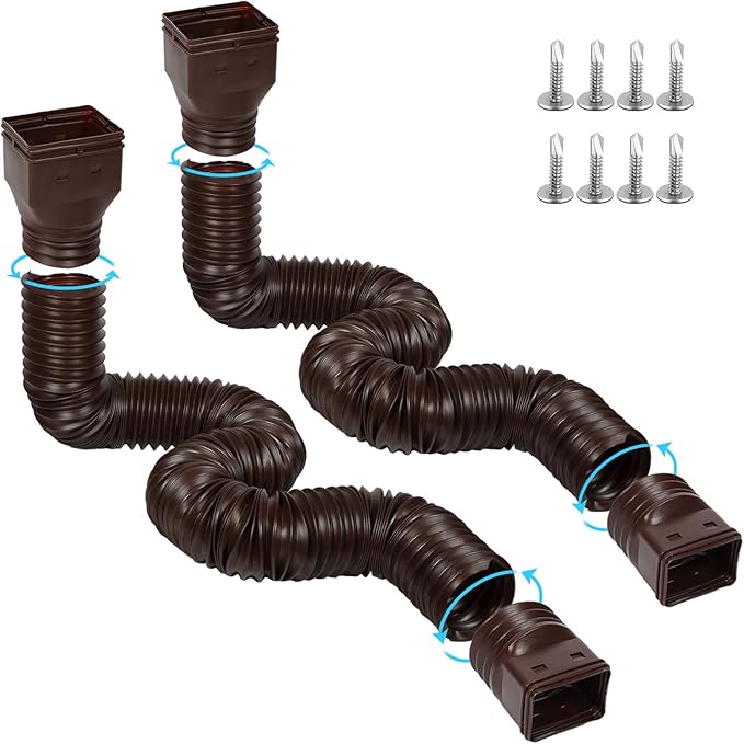 11.5ft Long Gutter Downspout Extensions Flexible, Drain Downspout Extender, Down Spout Drain Extender, Gutter Connector Rainwater Drainage, Extendable from 2.6ft to 11.5ft(2Pack, Brown)