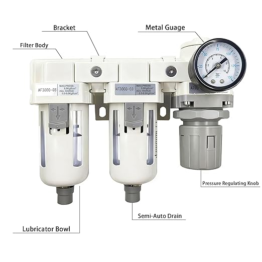 XingNEeng 3/8" NPT Compressed Air Filter Regulator Lubricator (FRL) Unit, Double Water/Oil Trap Separator, Gauge(0-150 psi), Semi-Auto Drain Air Compressor Water Separator, Poly Bowl, Metal Bracket