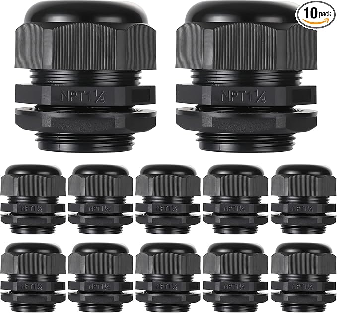 PENGLIN Cable Glands 1-1/4" NPT Nylon Cable Connector, Strain Relief Cord Connector, IP68 Waterproof Adjustable Locknut(1-1/4 Inch (12-Pack))