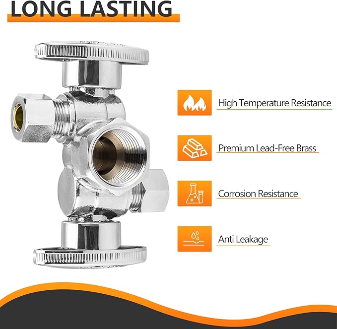 1-PC HeSun Dual Shut Off Angle Valve, 1/2" FIP x 3/8" OD x 3/8" OD Compression, 1/4-Turn Stop Valve with 2 Shut Offs, PEX Chrome Plated Brass(VALVE140)