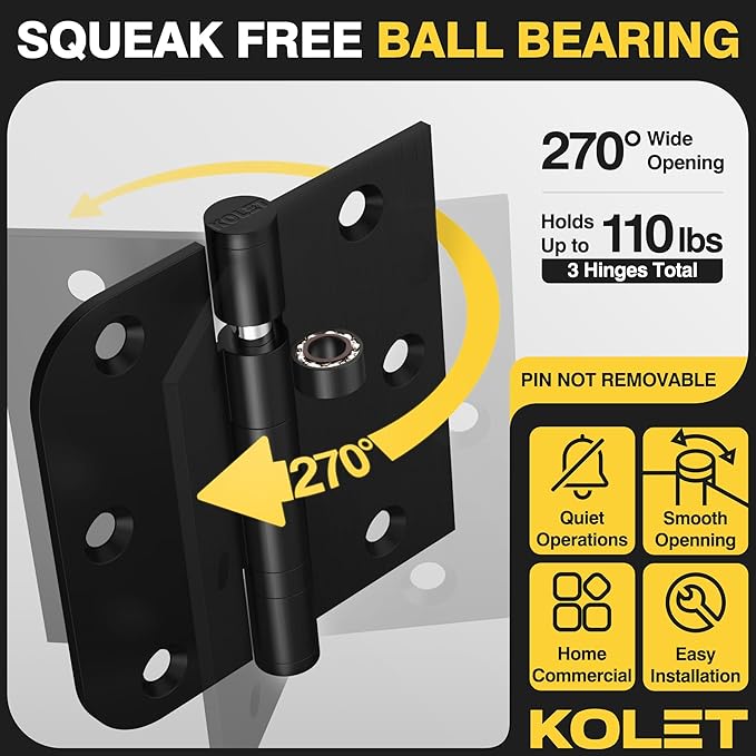 KOLET Ball Bearing Door Hinges, 3.5 x 3.5 Inches Black Exterior Door Hinges, Square and 5/8'' Radius Corner, Heavy Duty Stainless Steel Hinges, Smooth and Quiet, Non Removable Pin, Matte Black, 3 Pack