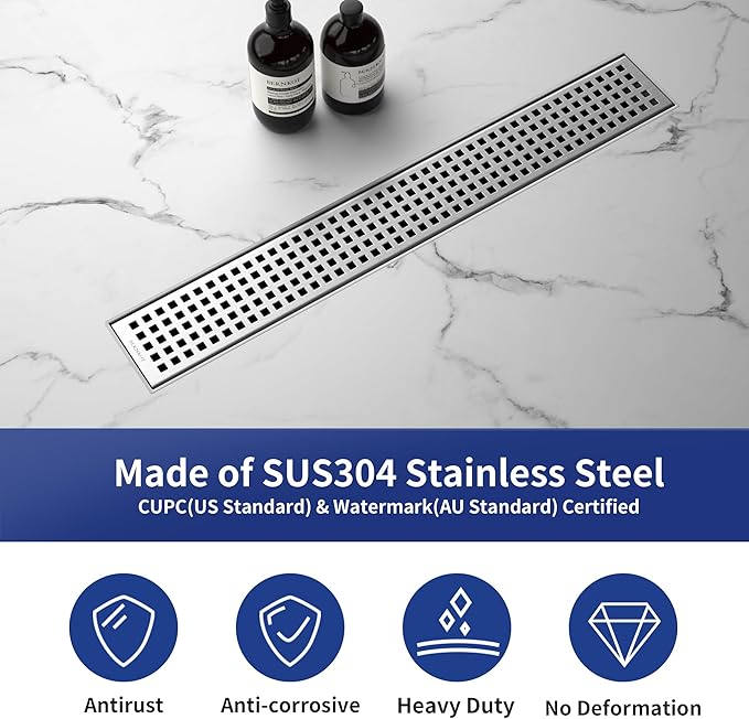 Linear Shower Drain 18", 304 Stainless Steel Floor Drain with Grid Drain Cover & Hair Strainer, Rectangular Shower Drain w/CUPC Certified, Brushed