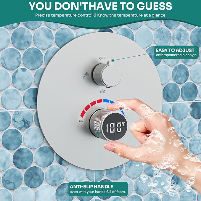 Temperature Display Shower Valve 3 Way Brass Rough-in Mixer and Round Trim Kit, Triple Function Digital Shower Diverter, Brushed Nickel