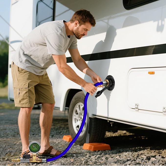 RV Winterizing Kit with Pressure Gauge, 60inch RV Winterize Hose with 3/4" GHT Blow Out Fitting Adaptor & 1/4" Quick Connect Plug, Sprinkler Winterization Kit for Camper, Boat, Travel Trailer, Blue