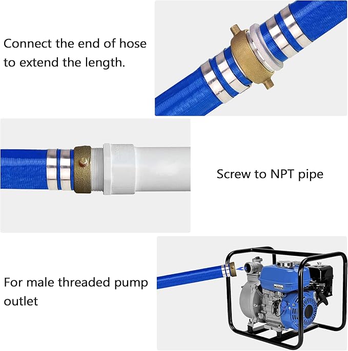 DAVCO 1" ID x 25 ft Pool Backwash Hose, Heavy Duty Reinforced Blue PVC Lay Flat Water Discharge Pump Hoses For Swimming Drain Pools and Clean Filters, With Aluminum Pin Lug Fittings