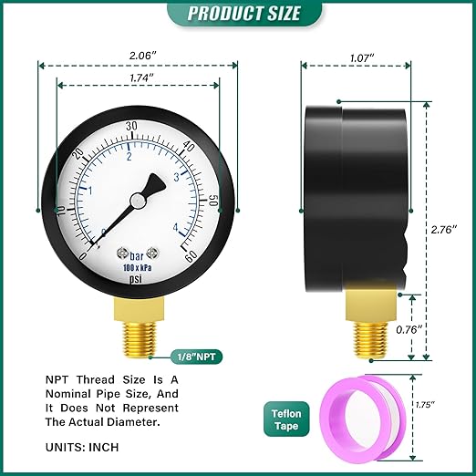 0-60PSI Well Pump Pressure Gauge 2" Dial Size, 1/8" NPT Lower Mount, 3-2-3% Accuracy, for Tube, Water Pump, Gas, Liquid, Pressure Test