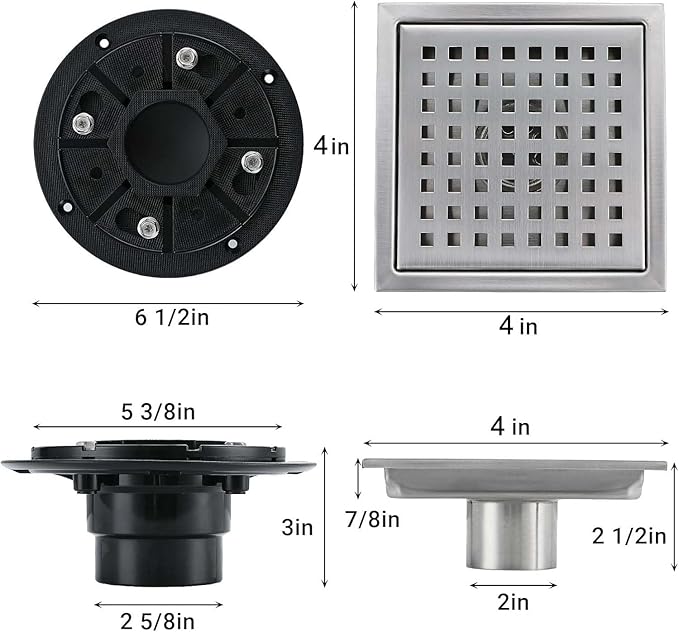4 Inch Square Shower Floor Drain, Stainless Steel Black Shower Drain Kit with Flange, Floor Drain with Removable Grid Cover,Brushed Nickel (Brushed Nickel, 4 inch)