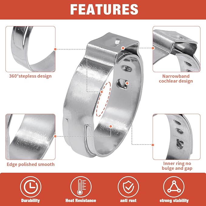 AKIHISA 360Pcs 16 Sizes Single Ear Hose Clamps, 5.3-36.1mm Stainless Steel_304 Crimp Hose Clamps Cinch Rings Assortment Kit for Automotive, Pipe, Plumbing