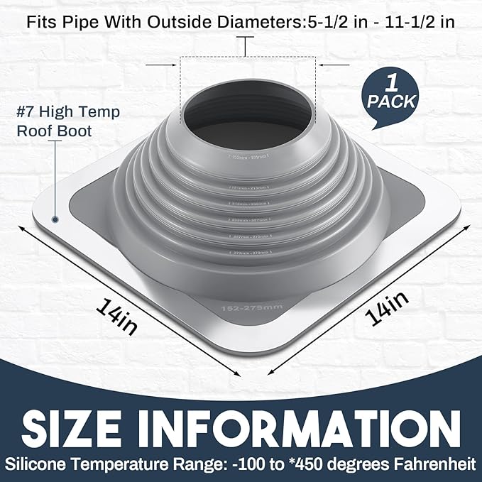 #7 Metal Roof Vent Boot Chimney Flashing Roof Jack Pipe Vent for Pipe Od 6 to 11 Sleeve Square Base Epdm (14 Inch, Grey)