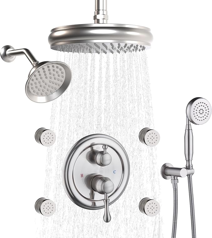 Enga Antique Shower Faucet Sets Dual Heads with 4 Body Jets, 8" + 6" Ceiling & Wall Mount Vintage Shower Head with Handheld Spray Combo, 4 Way Diverter Brass Valve, Brushed Nickel
