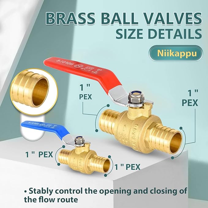 6 Pack Ball Valves, 1" Pex Crimp Shut Off Valve, Brass Full Port Pex B Shut Off Ball Valve for Hot and Cold Water, NSF/ANSI 61 Certified