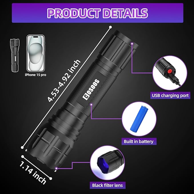 COSOOS Air Conditioner Leak Detector Kit, Rechargeable UV Detection Tool with Protective Glasses, Portable Bag for Automotive Auto Oil AC UV Dye