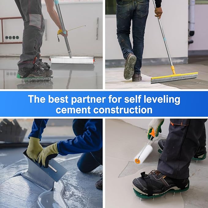 Upgraded Self-Levelling Cement Tool Kit - Floor Construction Roller Spike Shoes - Garage Flooring Concrete Tools with Adjustable Threaded Pole - Self-Leveling Rake - Spiked Roller