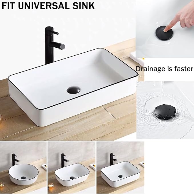 Pop Up Sink Drain Without Overflow, Bathroom Sink Push Pop Up Assembly Vessel Sink Drain Without Overflow. (Matte Black)