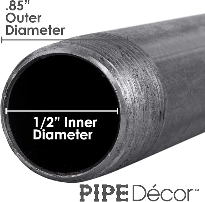 Pipe Decor 1/2" x 5" Malleable Cast Iron Pipe Nipple, Pre Cut Connectors, Industrial Steel Grey Fits Standard Half Inch Black Threaded Pipes Nipples and Fittings, Vintage DIY Furniture, 10 Pack