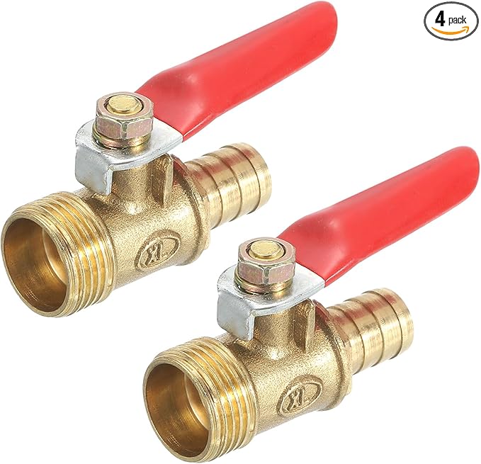 uxcell 4Pcs Brass Water Mini Ball Valve Shut Off Switch, G3/8" Male x 3/8" Hose Barb, 180 Degree Operation Handle, Brass Valve