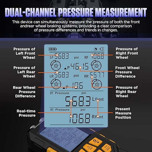 Manometer, Brake System Pressure Tester with 11 Adapters, 3 Units Switch, Magnetic Back, Smart Alarm Notification, Dual-Port Digital Brake Pressure Tester, 10-21000Kpa, PT660