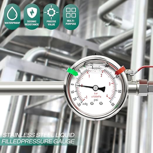 -30inHG-60PSI Stainless Steel Glycerin Liquid Filled Vacuum Pressure Gauge 2.5" Dial Size, 1/4" NPT Back Mount, for Water, Oil and Air Pressure Testing (with Range Mark Pointer)