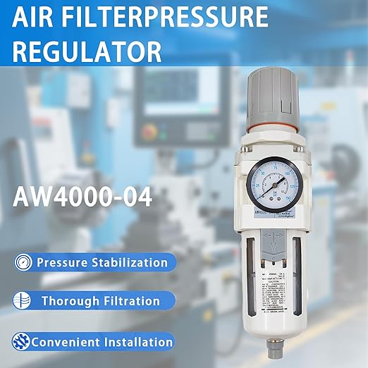 XingNEeng 1/2" NPT Compressed Air Filter Regulator Lubricator Combo, Water/Oil Trap Separator, Gauge(0-150 psi), Semi-Auto Drain, Poly Bowl, 5 Micron Brass Element, Bracket, for Pneumatic Systems