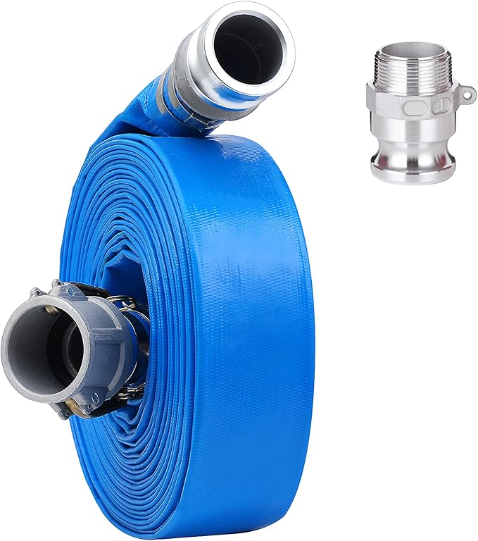 2" x 100ft PVC Lay Flat Discharge Hose With Aluminum Camlock C & E Fittings, Cam Lock Fitting Type F included, Heavy Duty Reinforced Pump Backwash Hose Assembly
