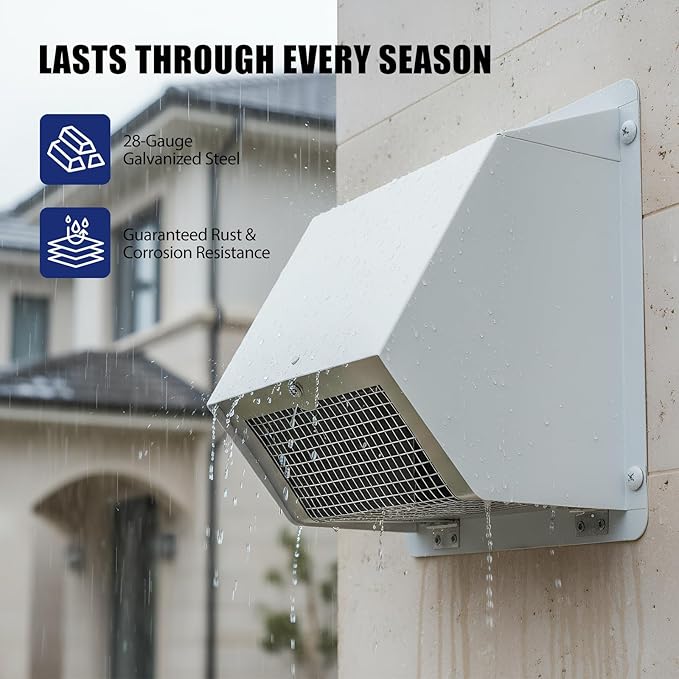 6 Inch Dryer Vent Cover Outside, White Wall Dryer Vent Cap, No-Pest Metal Vent Covers For House Exterior