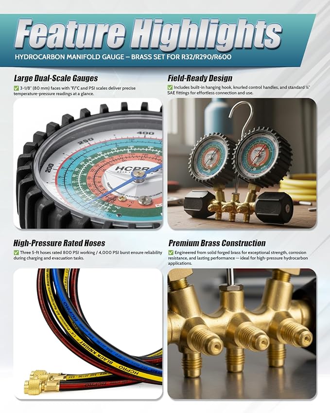 HCPRO Manifold Gauge Set R32 R290 R600 Hydrocarbon Refrigerant | Dual Scale F/C PSI | HVAC AC Brass Gauges 3-1/8" 800 PSI | 36" Hoses 4000 PSI Burst | Professional Service Kit