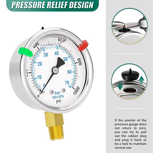 0-1000PSI Stainless Steel Liquid Filled Pressure Gauge, 2.5" Dial Size, 1/4" NPT Lower Mount, for Tube, Water Pump, Gas, Liquid, Pressure Test (with Range Mark Pointer)